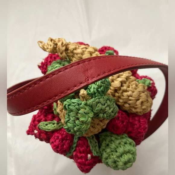 VTG Lulu Guinness Wheat Straw Fruit Bowl crocheted purse red leather strap - Picture 12 of 16